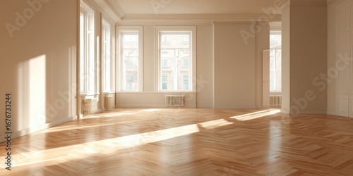 Empty, sunlit room with parquet floors