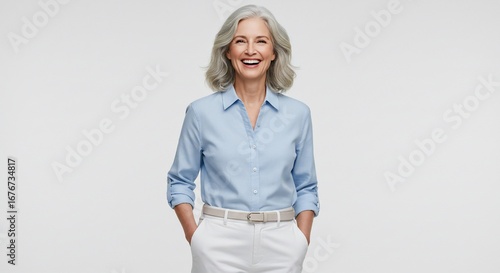 Joyful Mature Woman in Light Blue Shirt and White Pants