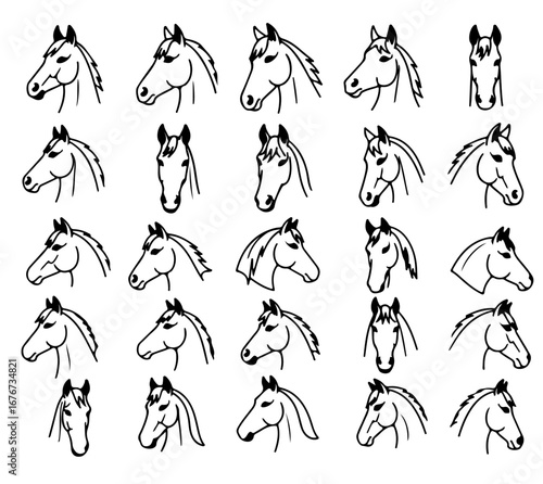 Horse head vector black silhouette lineart logo icon bundle, animal isolated on white background collection, creative minimal clean detail editable set