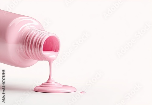 Pink cosmetic product pouring from a bottle onto a light surface