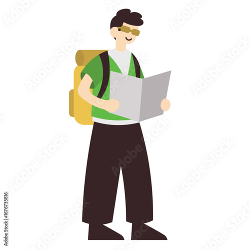 A young male tourist with a backpack and sunglasses stands while looking at a map for directions.