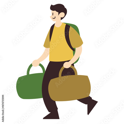 A smiling young man walking with a backpack and carrying two duffel bags for his travels.