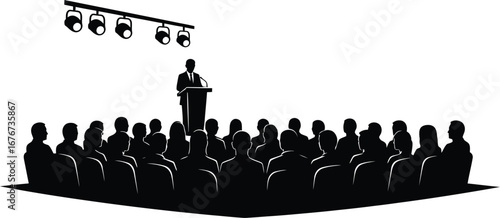 Silhouette illustration of a speaker at a podium addressing an audience under stage lighting setup