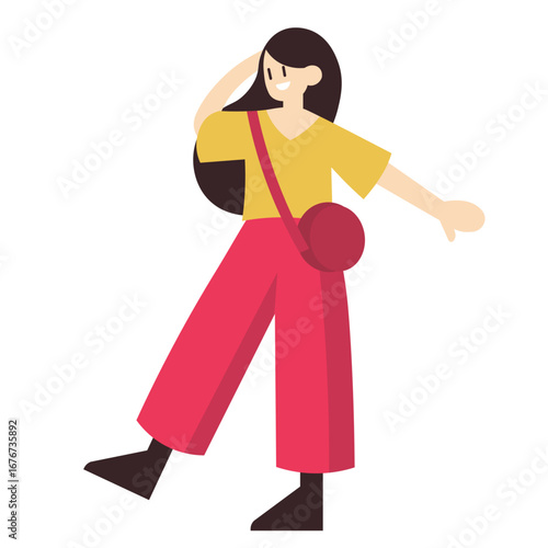 A cheerful young woman with long dark hair, wearing a yellow top and vibrant red pants, carries a red crossbody bag while posing with one hand on her head.