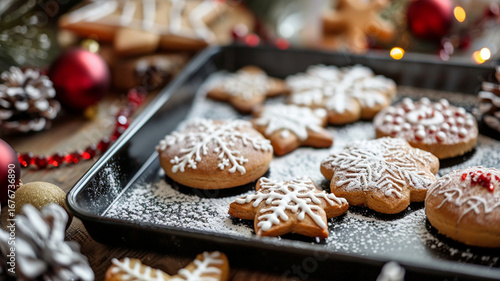 Homemade gingerbread cookies shaped like snowflakes adorn a baking sheet. Powdered sugar dusting adds a wintry touch, perfect for holiday celebrations and family gatherings.generative ai