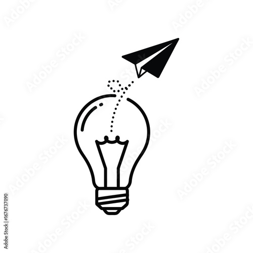 Creative Idea Illustration: Conceptual illustration of a light bulb with a paper airplane flying away from the top, suggesting innovation, ideas and creativity.