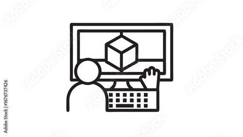 Person using computer with cube on screen and hand raised in front of the keyboard design illustration silhouette