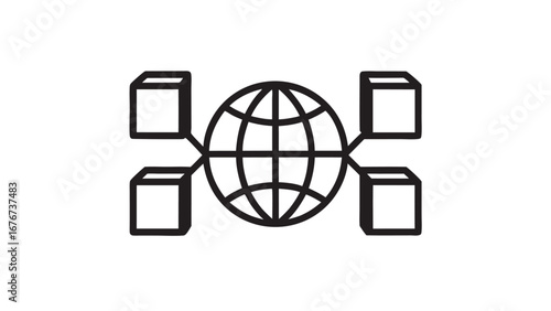 Illustration of a globe connected to four cubes representing a global network connection viewable silhouette
