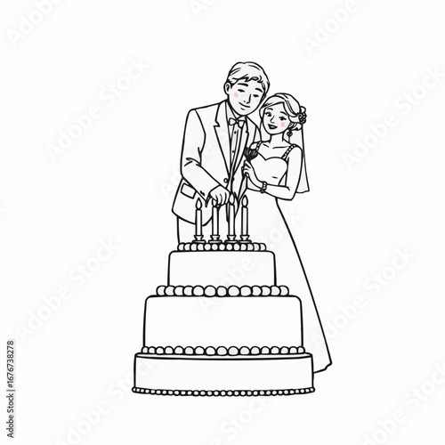 Bride and groom cutting wedding cake in simple line art style  