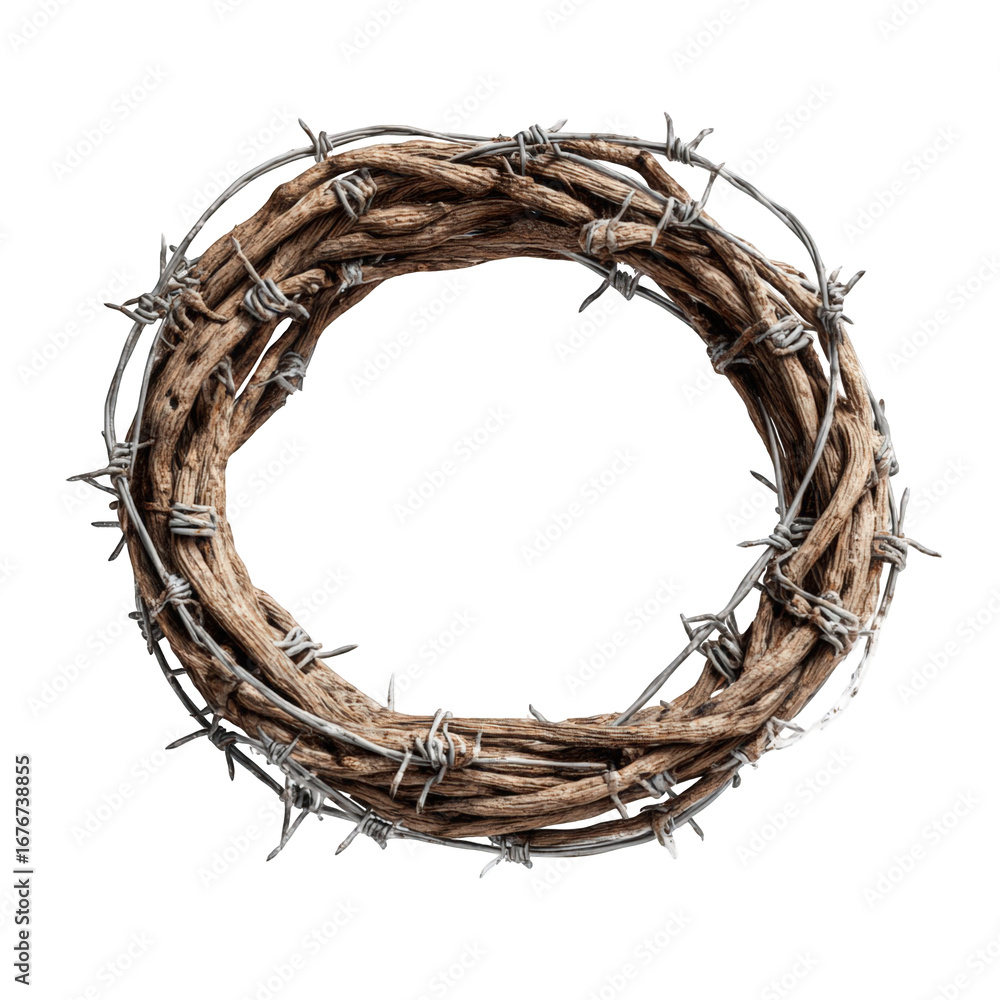 Fototapeta premium A circular wreath of dried, light brown twigs with barbed wire interwoven