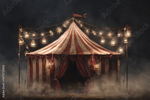 A colorful circus tent illuminated with lights, featuring a classic red and white striped design. This whimsical tent creates a vibrant and festive atmosphere.