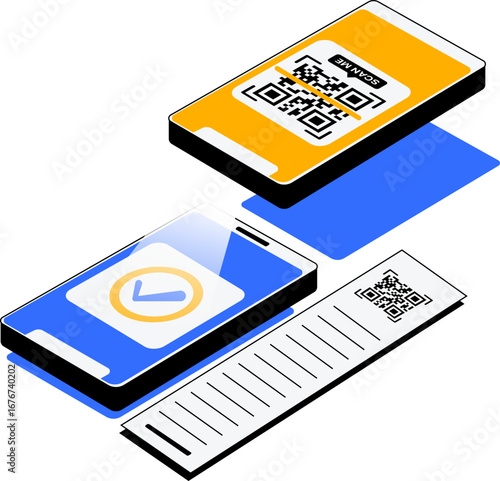 Smartphones displaying validated and invalid QR codes with a digital receipt, illustrating mobile payment and ticket verification processes.