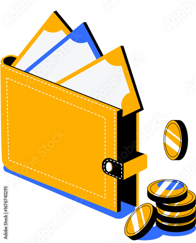 Isometric illustration of a yellow wallet with cash and gold coins, representing financial concepts.