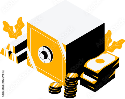 Isometric illustration of a safe with stacks of money, gold bars, and coins, surrounded by stylized leaves, representing wealth and security.