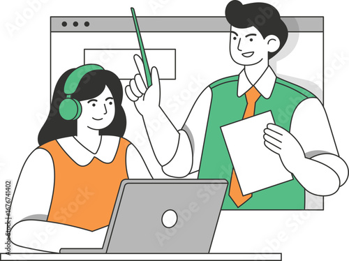 Online lesson, a student and teacher interacting via computer.