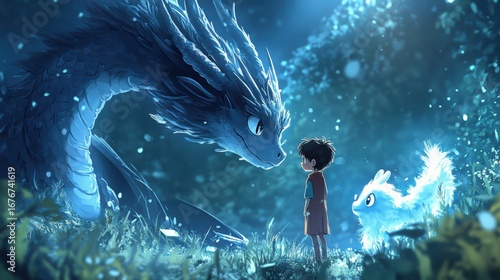 A whimsical scene featuring a boy meeting a majestic dragon and a small creature in a mystical, glowing forest setting.
