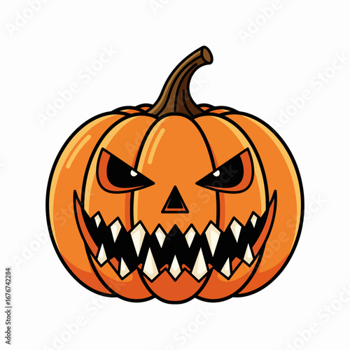Scary cartoon carved pumpkin jack o lantern illustration on white background