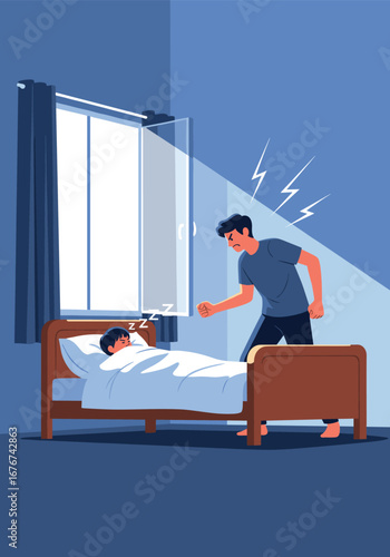 Parent wakes sleeping child early morning sunlight streaming through window forcing awake