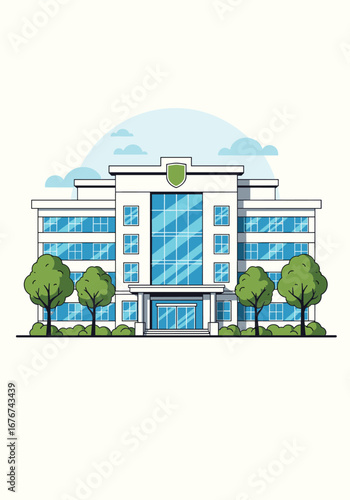 Modern school building with glass facade surrounded by green trees and blue sky with clouds