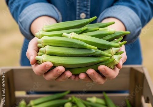 Hands holding fresh green okra pods above a wooden crate harvest bounty