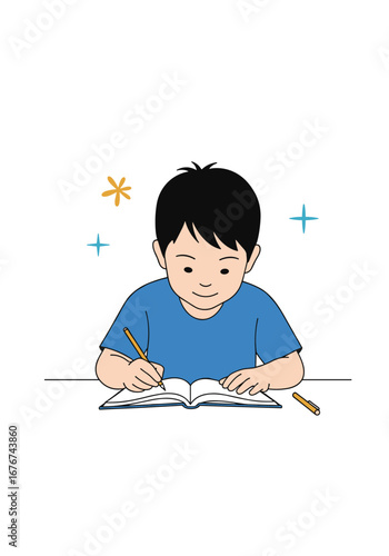 A young boy diligently works on his schoolwork at a desk with a pencil and open notebook
