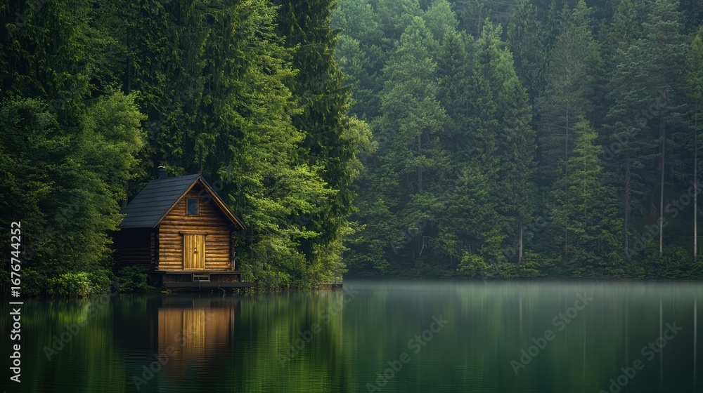 Fototapeta premium A serene wooden cabin nestled by a tranquil lake, surrounded by lush green forests, reflecting nature's beauty in calm waters.
