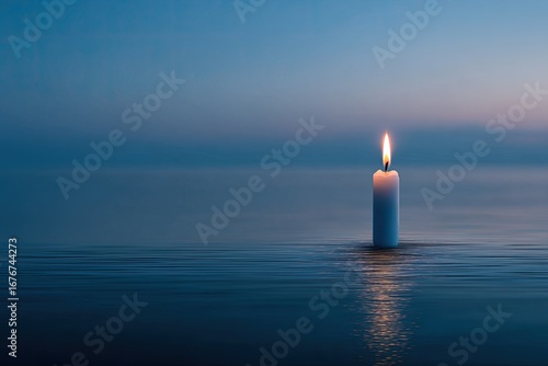 A solitary white candle floats on tranquil water, bathed in soft twilight hues