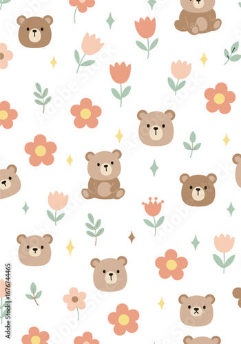 Charming teddy bear and floral pattern for nursery decor and childrens apparel designs