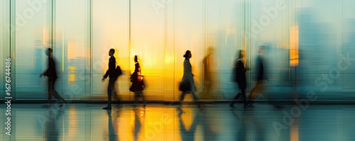 Blurred silhouettes of people walking in a modern building at sunset