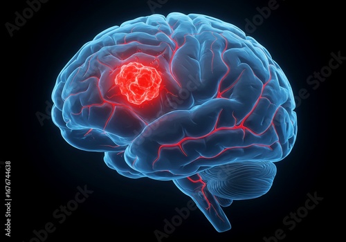 Brain Tumor Visualization: Red Glioma on Blue Brain