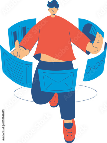 A young man actively manages data and communications on multiple floating virtual screens.