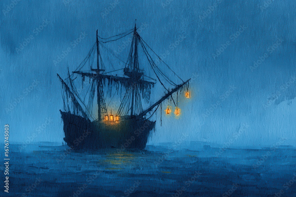 Fototapeta premium A haunting watercolor painting of a ghost ship drifting in stormy waters of the ocean.