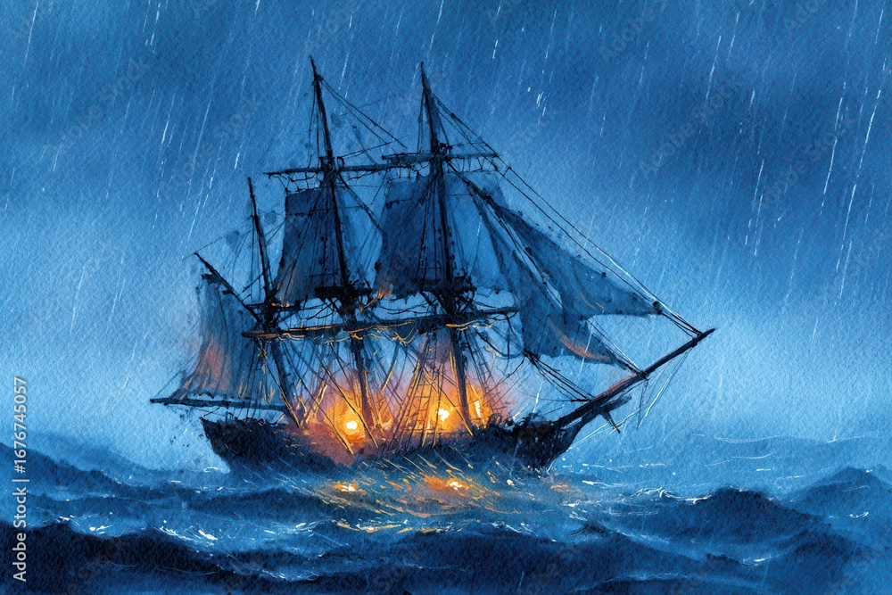 Obraz premium A haunting watercolor painting of a ghost ship drifting in the stormy ocean, with dark clouds in the sky.