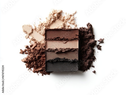 Crushed eyeshadow palette, various shades of brown and beige, scattered on white background