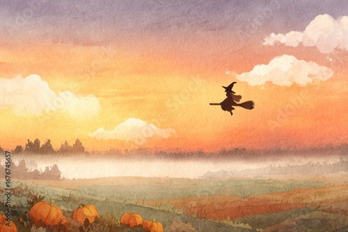 A whimsical watercolor illustration of a friendly witch riding a broom over a field of pumpkins, with a bird flying overhead.