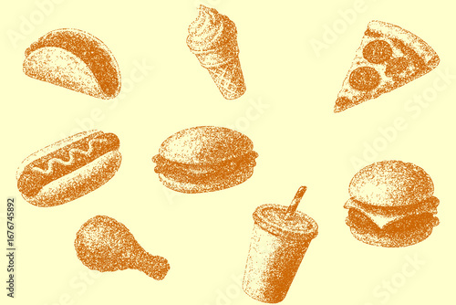 Seamless Stipple Dotwork Fast Food Pattern (Amber on Pale Yellow)