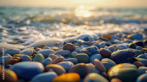Rainbow pebbles on shore with gentle sea waves