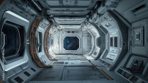 A futuristic spaceship interior with metallic surfaces and a view of deep space through an octagonal window.