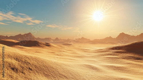 A serene desert landscape with rolling sand dunes under a bright sun, showcasing the vastness and beauty of the natural environment.