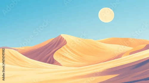 A serene desert landscape featuring rolling sand dunes under a bright blue sky and a sun overhead, creating a tranquil and warm atmosphere.