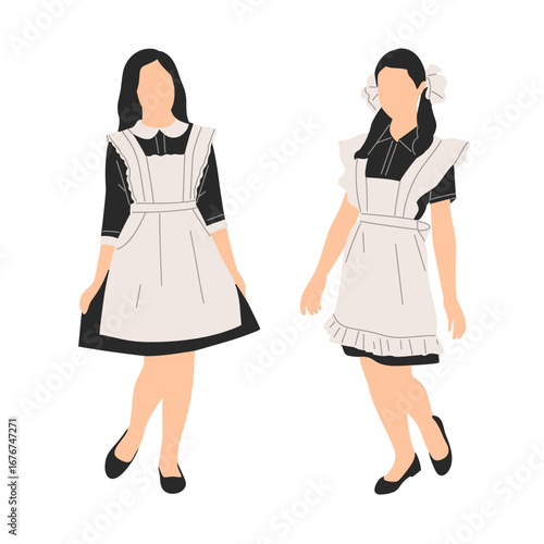 Flat vector illustration of two maids in classic uniform with aprons and dresses. Perfect for hospitality, service, retro costume, cosplay, and character design concepts.