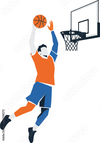 Silhouette of a basketball player in mid-air, shooting a ball towards the hoop.