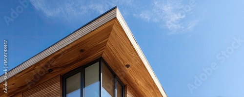 Exterior corner of a modern building with a wooden roof overhang and large windows