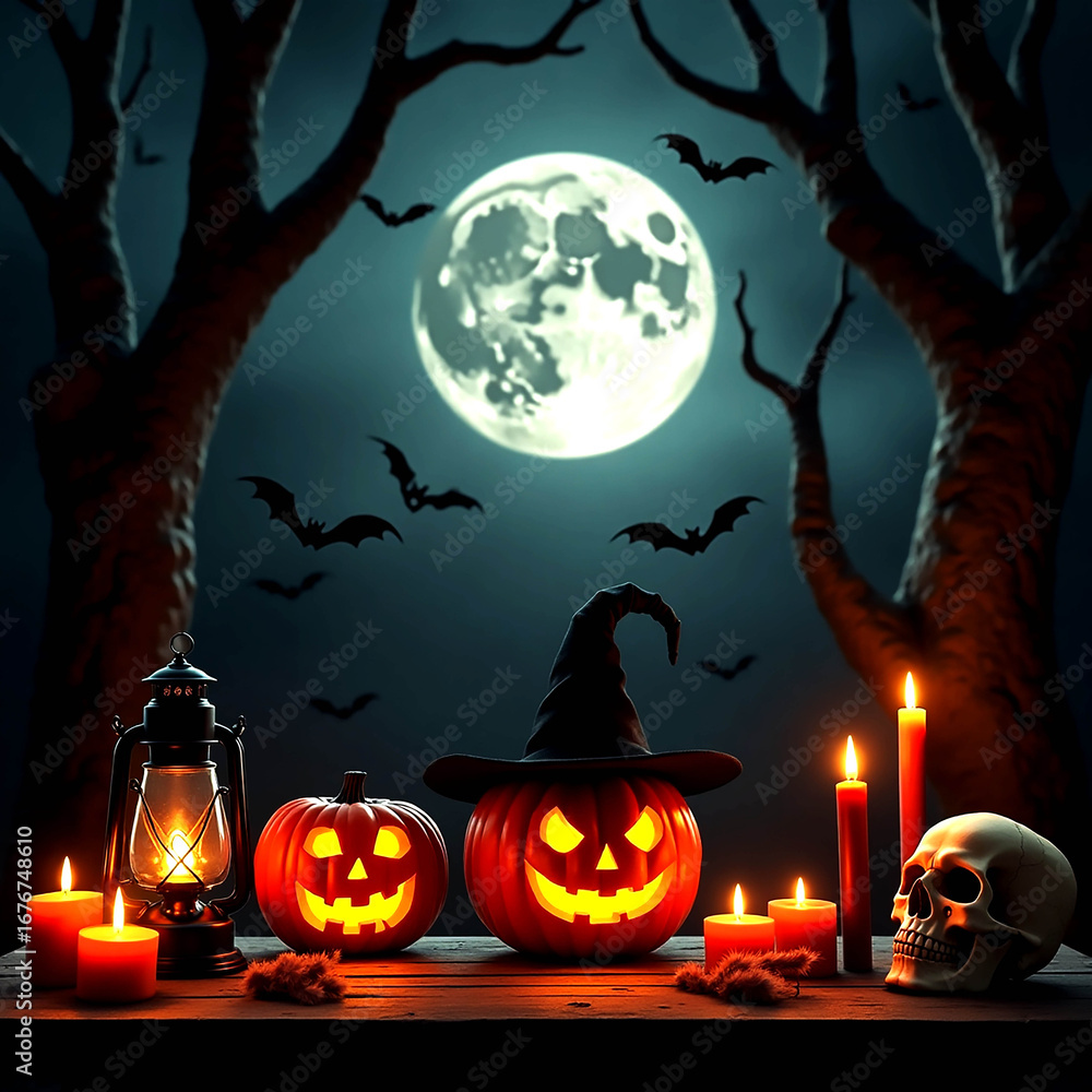 Fototapeta premium Spooky Halloween night scene with glowing pumpkins, bats, full moon, and candlelight glow for seasonal designs