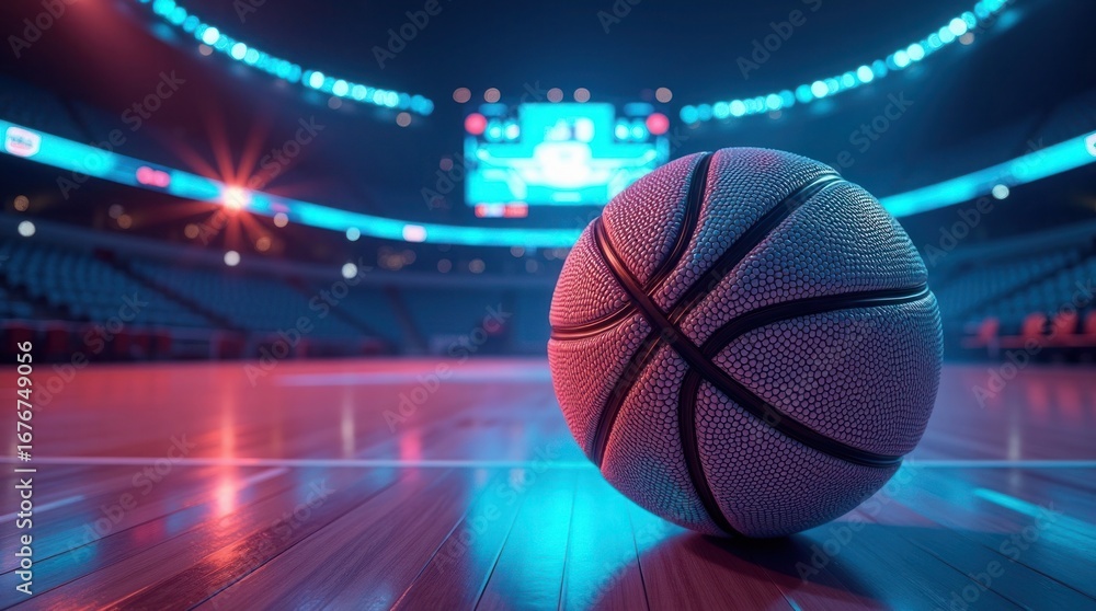 Obraz premium Basketball on court with stadium lights arena