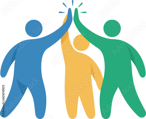 Three stylized figures, blue, yellow, and green, giving a high five, representing teamwork, collaboration, and success.