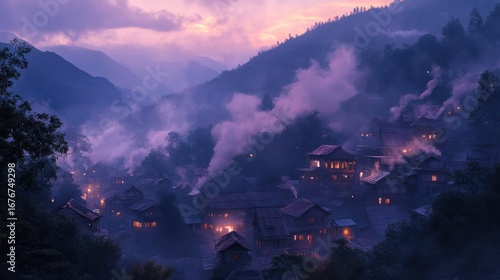 A serene mountain village shrouded in mist at dusk, illuminated by warm lights, creating an enchanting and mystical atmosphere.