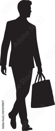 A sharply defined black silhouette depicts a man in a suit walking while carrying a briefcase, his gaze directed to the right, presenting a simple yet evocative image of a businessman on the move.