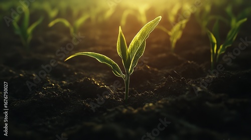 A young corn plant seedling growing in a field with sunlight shining on the leaves and dark soil around it