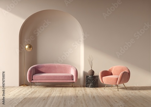 Beige, arched room with pink furniture. Sunlight streams in